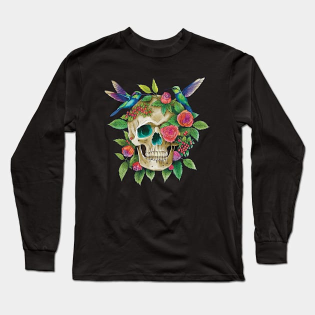 Skull with birds art Long Sleeve T-Shirt by Ange art